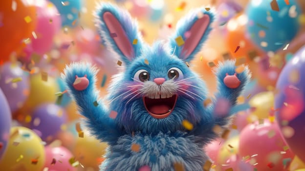 A cheerful cartoon blue hare is having fun on the background of festive balloons. The concept of the holiday. 3d illustration.