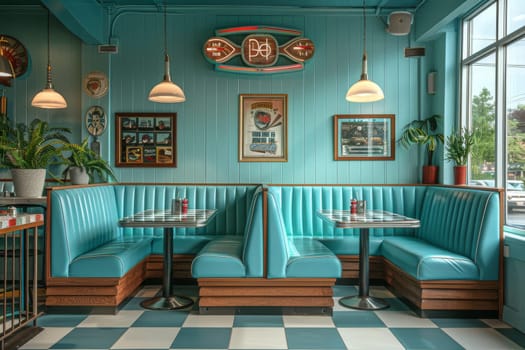 A blue and white restaurant with a blue booth and a blue table. The booth is decorated with a potted plant and a surfboard sign