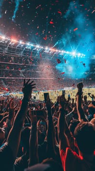 A crowd of people are celebrating in a stadium, with many of them wearing orange scarves. The atmosphere is lively and energetic, with everyone cheering and clapping