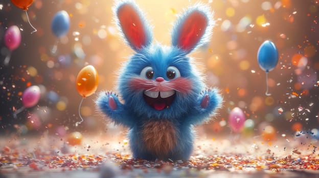 A cheerful cartoon blue hare is having fun on the background of festive balloons. The concept of the holiday. 3d illustration.