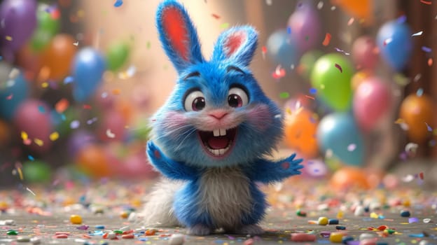 A cheerful cartoon blue hare is having fun on the background of festive balloons. The concept of the holiday. 3d illustration.