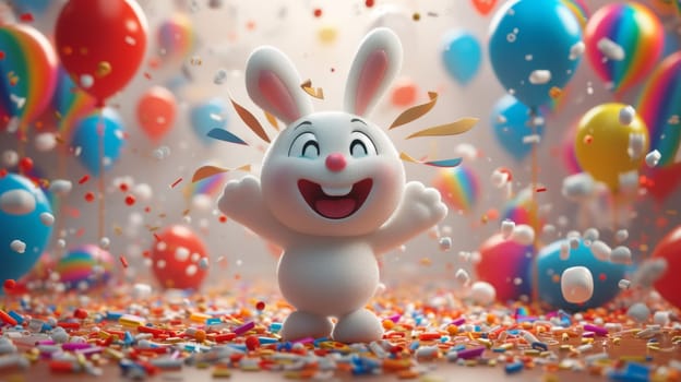 A cheerful cartoon white rabbit is having fun on the background of festive balloons. The concept of the holiday. 3d illustration.