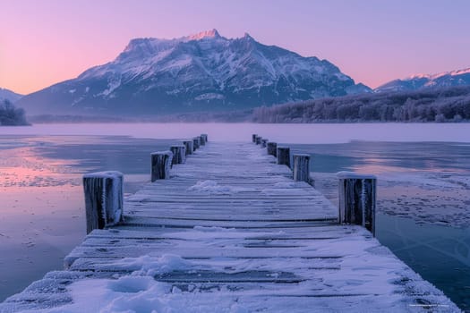 A wooden pier is in front of a mountain range. The water is calm and the sky is pink