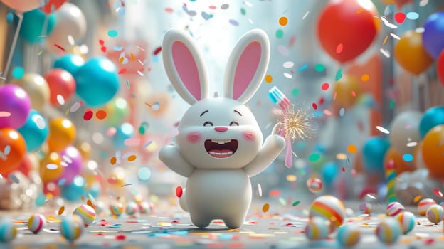 A cheerful cartoon white rabbit is having fun on the background of festive balloons. The concept of the holiday. 3d illustration.