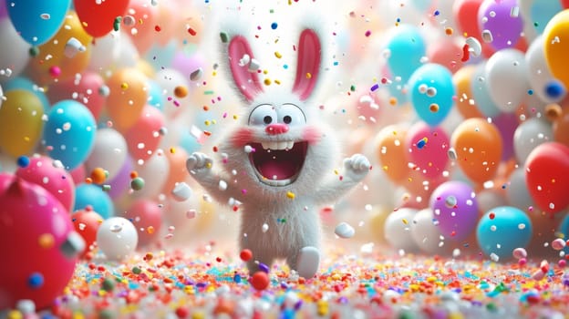 A cheerful cartoon white rabbit is having fun on the background of festive balloons. The concept of the holiday. 3d illustration.