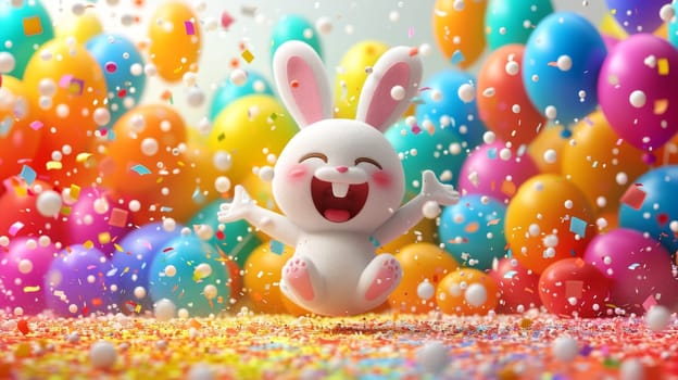 A cheerful cartoon white rabbit is having fun on the background of festive balloons. The concept of the holiday. 3d illustration.