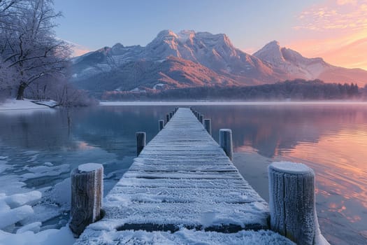 A wooden pier is in the middle of a frozen lake. The pier is surrounded by snow and the water is calm. The sky is a mix of blue and orange, creating a serene and peaceful atmosphere