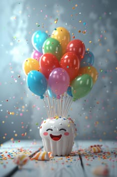 A happy smiling tooth on a festive background with colorful balls. the concept of a clean tooth. 3d illustration.