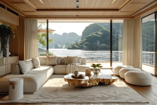 A large living room with a view of the ocean. The room is decorated in a minimalist style with white furniture and a white rug. The couch is positioned in the center of the room