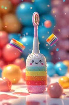 A happy toothbrush on a festive background with colorful balloons. the concept of a clean tooth. 3d illustration.