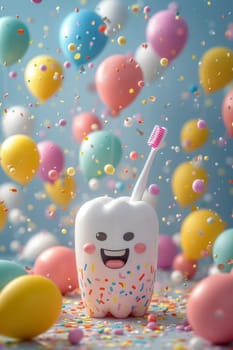 A happy smiling tooth with a toothbrush on a festive background with colorful balls. the concept of a clean tooth. 3d illustration.