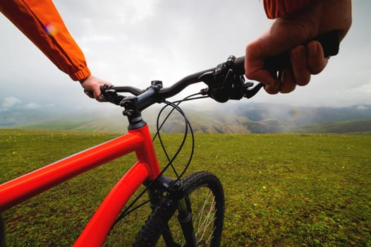Hands hold the steering wheel of a bicycle while standing on a green meadow. A look through the eyes of a biker.