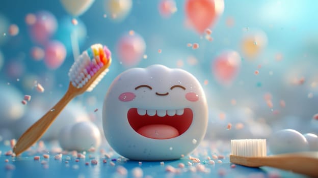 A happy smiling tooth with a toothbrush on a festive background with colorful balls. the concept of a clean tooth. 3d illustration.