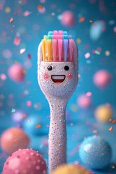 A happy toothbrush on a festive background with colorful balloons. the concept of a clean tooth. 3d illustration.