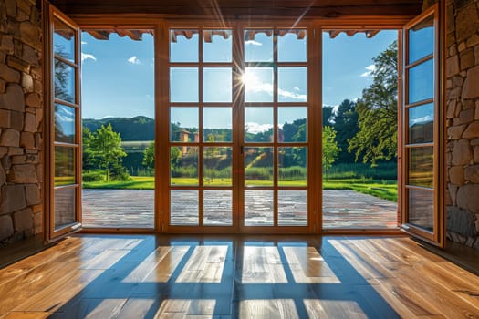 A large open window with a view of a field and a tree. The sunlight is shining through the window, creating a warm and inviting atmosphere