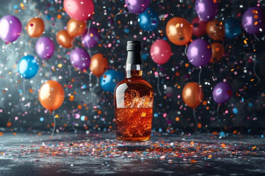 A bottle of whiskey with an empty label on a festive background with balloons and confetti.