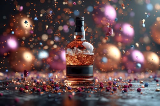 A bottle of whiskey with an empty label on a festive background with balloons and confetti.