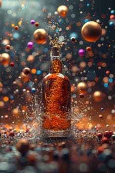 A bottle of whiskey with an empty label on a festive background with balloons and confetti.