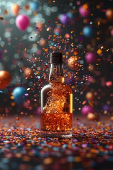 A bottle of whiskey with an empty label on a festive background with balloons and confetti.