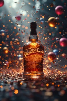 A bottle of whiskey with an empty label on a festive background with balloons and confetti.