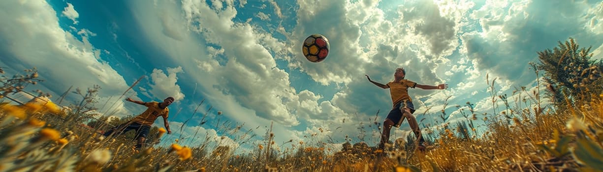 Two soccer players are playing in a field with a soccer ball in the air. Scene is energetic and competitive