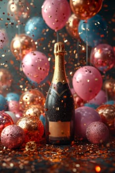 A bottle of champagne with an empty label, on a festive background with balloons.