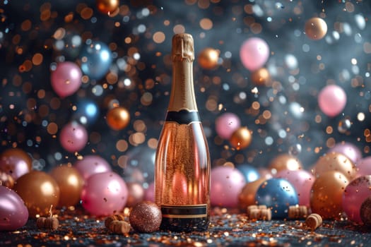 A bottle of champagne with an empty label, on a festive background with balloons.