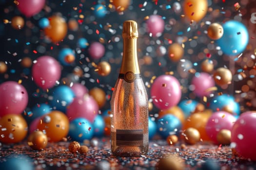 A bottle of champagne with an empty label, on a festive background with balloons.