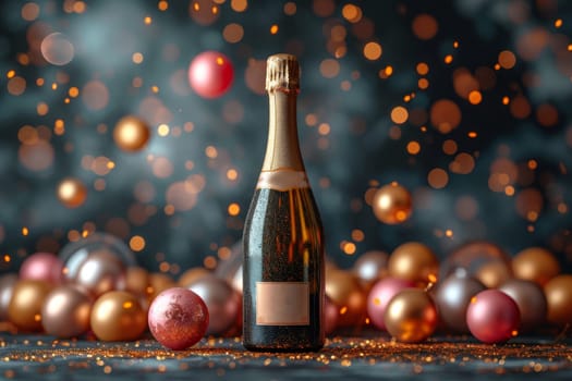 A bottle of champagne with an empty label, on a festive background with balloons.