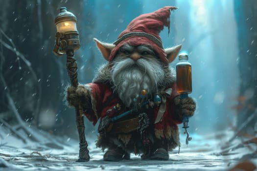 A dwarf wizard with a cane. A fabulous bearded wizard. A fairy dwarf elf with a cane. 3d illustration.