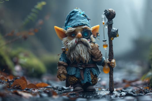 A dwarf wizard with a cane. A fabulous bearded wizard. A fairy dwarf elf with a cane. 3d illustration.