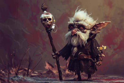 A dwarf wizard with a cane. A fabulous bearded wizard. A fairy dwarf elf with a cane. 3d illustration.