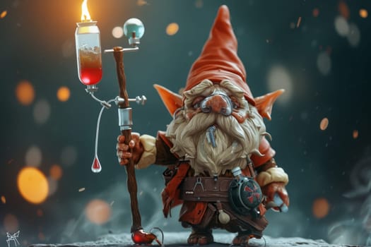 A dwarf wizard with a cane. A fabulous bearded wizard. A fairy dwarf elf with a cane. 3d illustration.