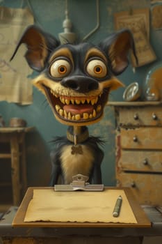 A cartoon character of a funny toothy dog with a piece of paper. 3d illustration.