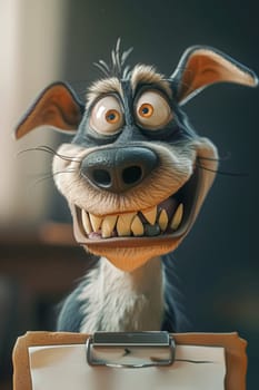 A cartoon character of a funny toothy dog with a piece of paper. 3d illustration.