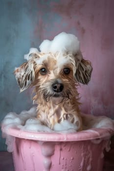 the dog is wet in the tub with foam on his head. Pets are washed.