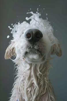the dog is wet in the tub with foam on his head. Pets are washed.
