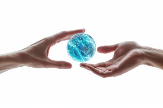 A blue energy ball in the hands of a man on a white background.