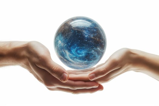 A blue energy ball in the hands of a man on a white background.