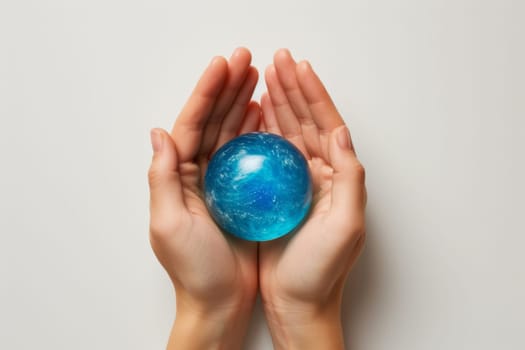 A blue energy ball in the hands of a man on a white background.