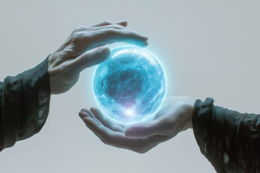 A blue energy ball in the hands of a man on a gray background