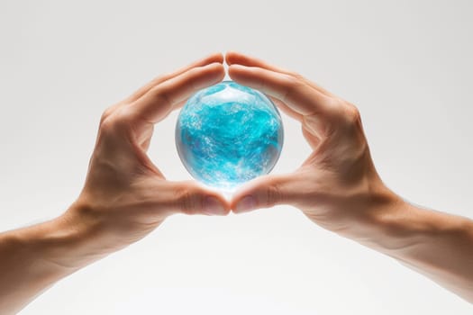 A blue energy ball in the hands of a man on a white background.