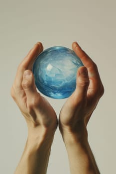 A blue energy ball in the hands of a man on a gray background