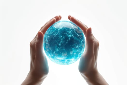 A blue energy ball in the hands of a man on a white background.