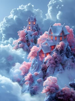 A group of houses sits atop a snowcovered mountain, surrounded by electric blue skies and fluffy cumulus clouds. It looks like a scene from a fictional world, frozen in time