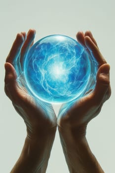 A blue energy ball in the hands of a man on a white background.