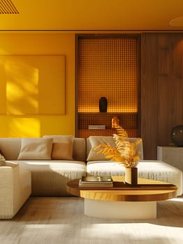 A cozy living room with warm yellow walls, a comfortable couch, and a wooden coffee table. The hardwood flooring adds to the inviting interior design