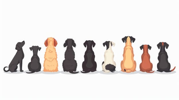 In this graphic modern illustration with a white background, there are a few doggies in a row. Various breeds of dogs. Images of dogs in front and back..