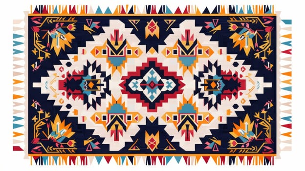 Moroccan kilim rug with geometric pattern. Long rectangle carpet with fringe with Oriental design. Modern illustration on white..