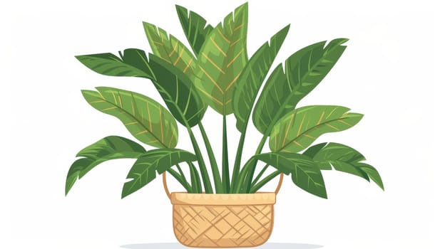 Branches of a leaf plant growing in a basket. Tall palm stems in pot with big leaves. House interior decoration in floor planter. Modern illustration isolated on white..